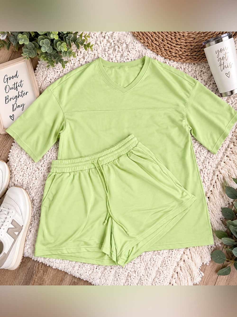 Soft Lime Green Lounge Set Size L | Oversized V-Neck Top & Drawstring Shorts